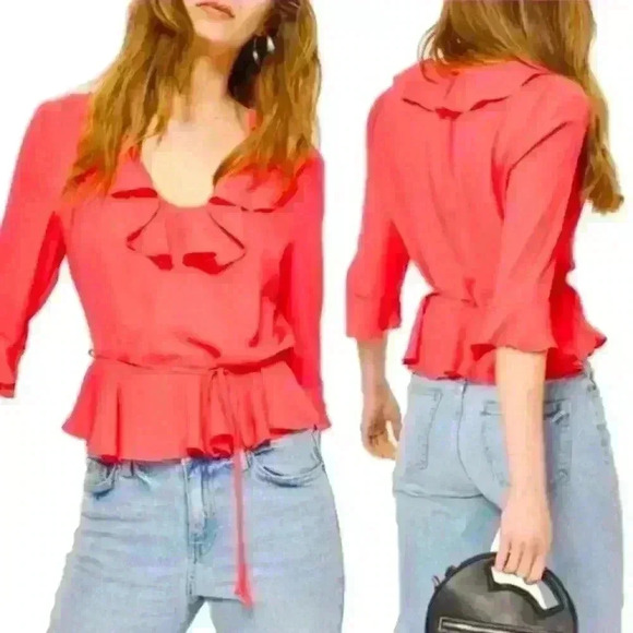 TOPSHOP Peplum Ruffle Blouse Hot Pink Crepe Top 3/4 Bell Sleeve Belt Size 4 - Picture 1 of 12